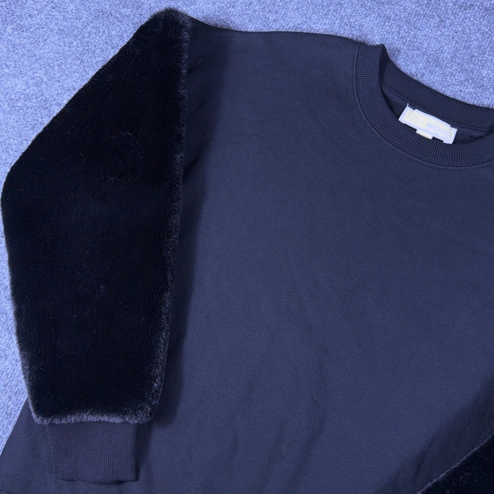 Michael Kors Navy Faux Fur Sleeve Sweatshirt Crewneck Pullover Small